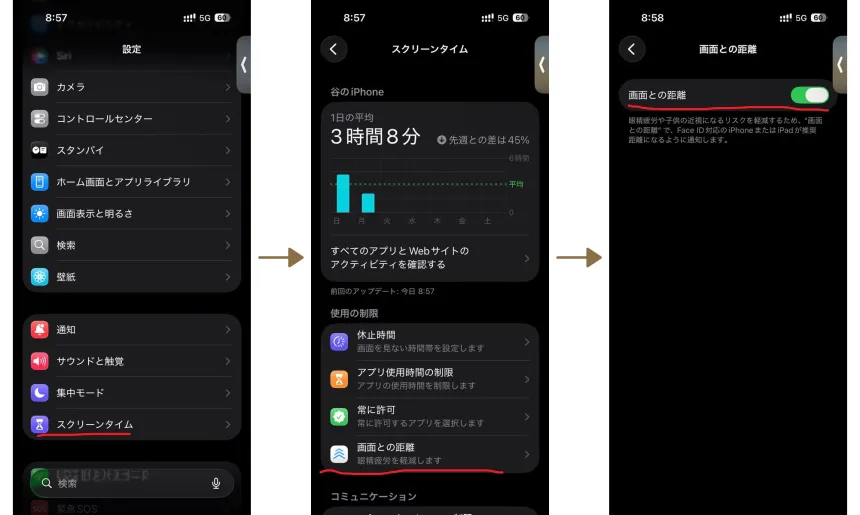 スクリーン距離の設定手順（1→2→3）